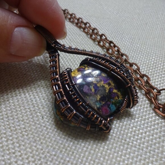 Rustic OYSTER TURQUOISE Handmade COPPER WIRE-WRAPPED Pendant/Chain #519C - Picture 3 of 3